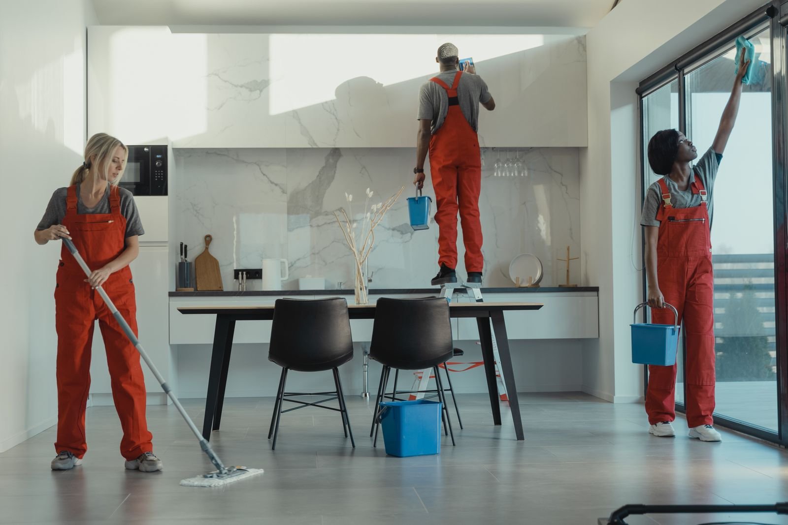 Professional commercial cleaning team at work in a Manchester workplace