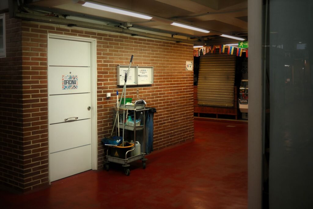 A cleaning trolley in a communal corridor