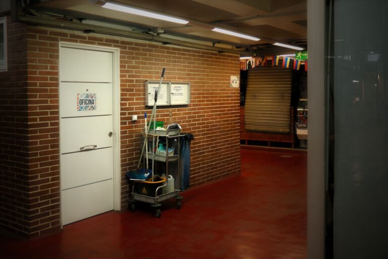 A cleaning trolley in a communal corridor