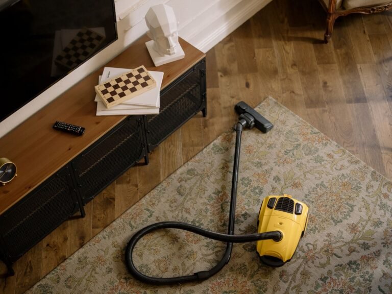 Vacuum cleaner beside a rug during a home clean